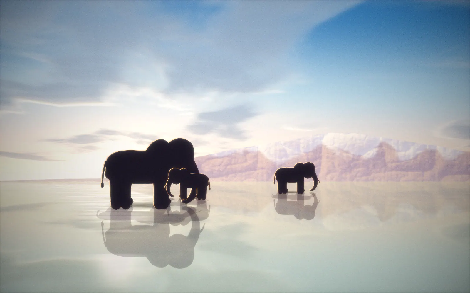 Illustration of elephants wading through the Amboseli swamp, their reflections in green water, beneath the snow-capped dome of Kilimanjaro in soft morning light.