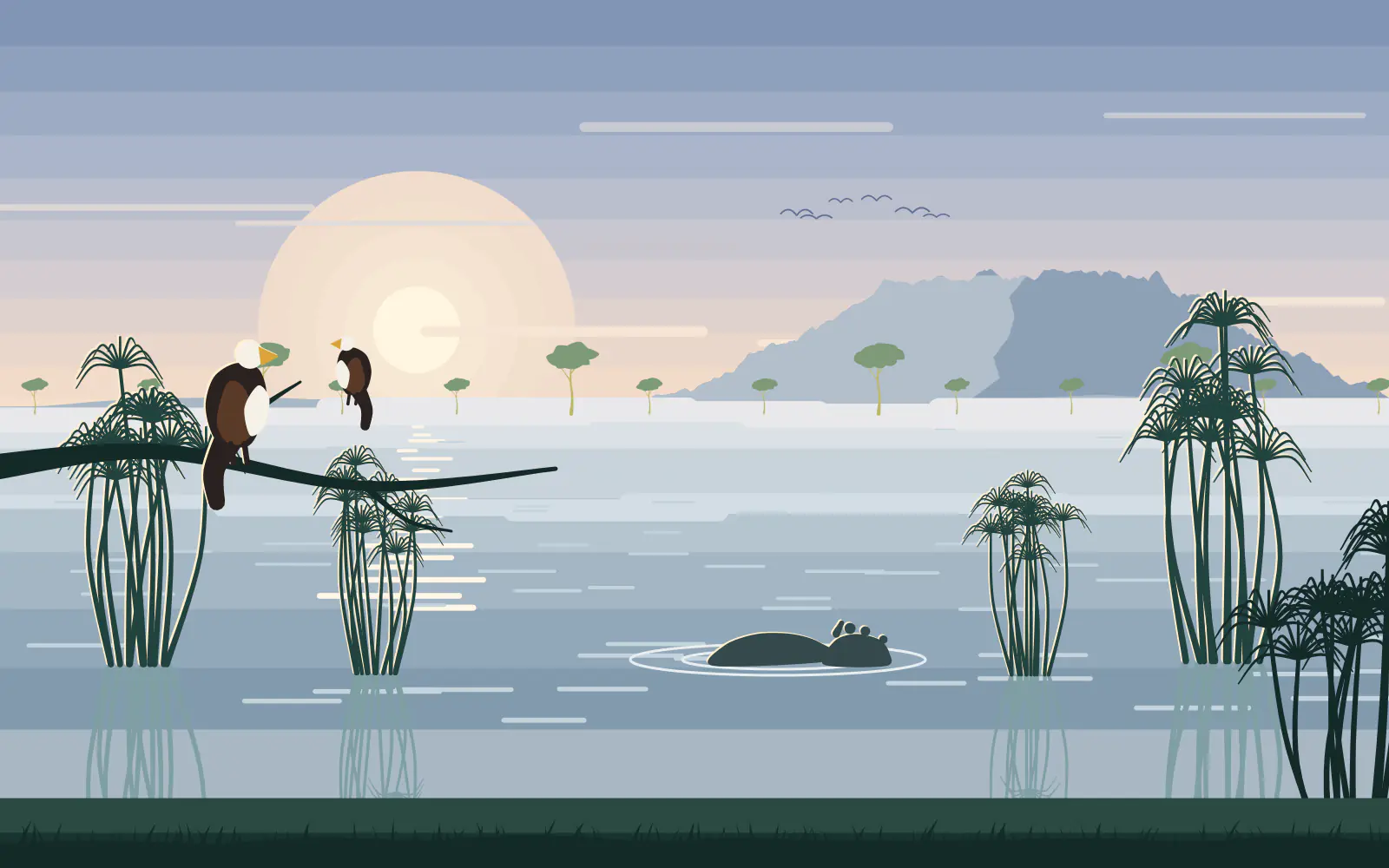 Illustration of a misty dawn on Lake Naivasha: papyrus clumps, a hippo with ripples in the water, a fish eagle perched on a dead branch and a flat-topped volcano behind.