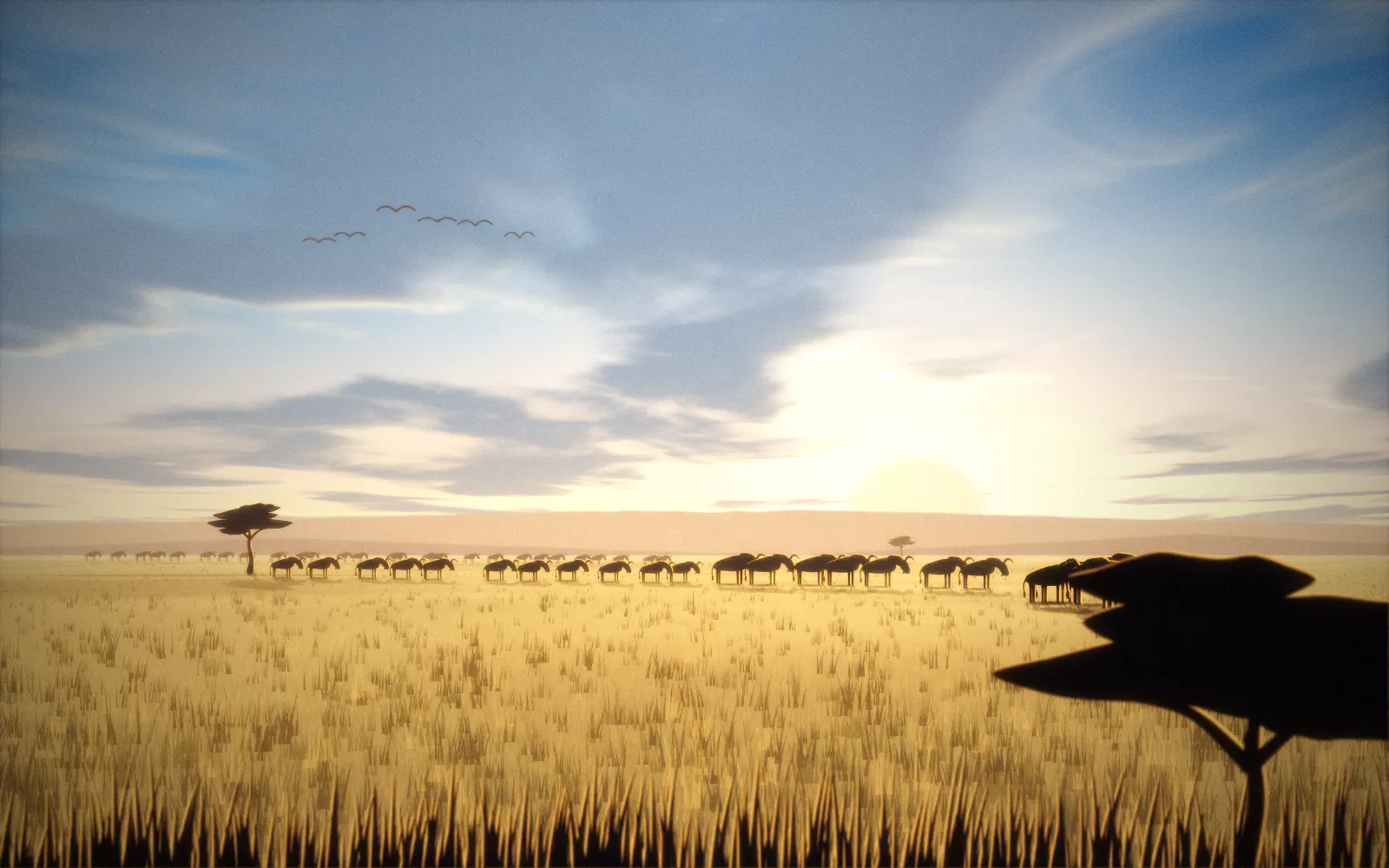 Illustration of the Maasai Mara at golden hour: long columns of wildebeest crossing open plains beneath a large low sun, with a flat-topped acacia in the foreground.
