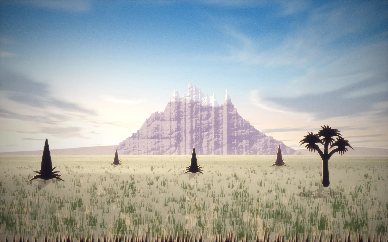 Illustration of the jagged twin peaks of Mount Kenya glowing pink at dawn above misty moorland, with giant lobelia plants in silhouette in the foreground.