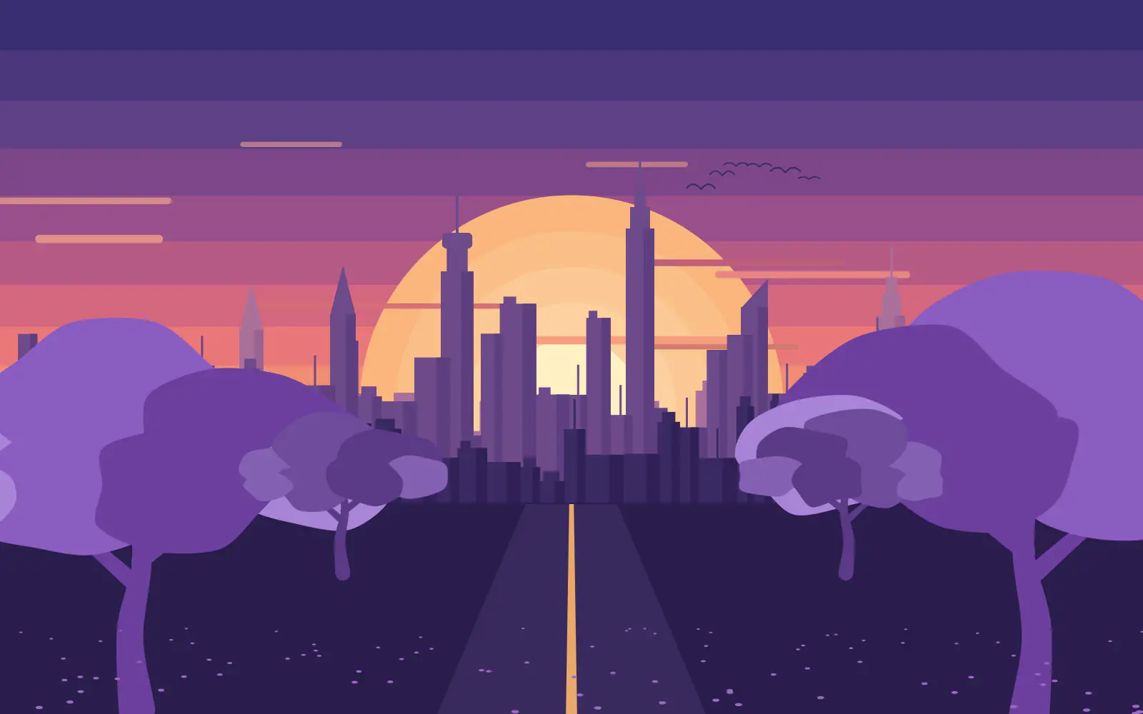 Illustration of a city skyline of towers at dusk beneath a large setting sun, with purple jacaranda trees in bloom framing a road in the foreground.