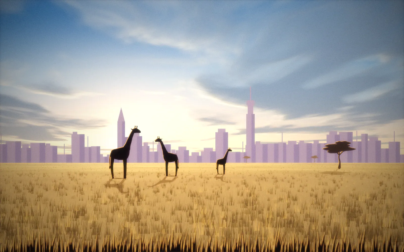 Illustration of three giraffes walking across grassland with acacia trees, and the hazy skyline of a modern city rising on the horizon in golden light.