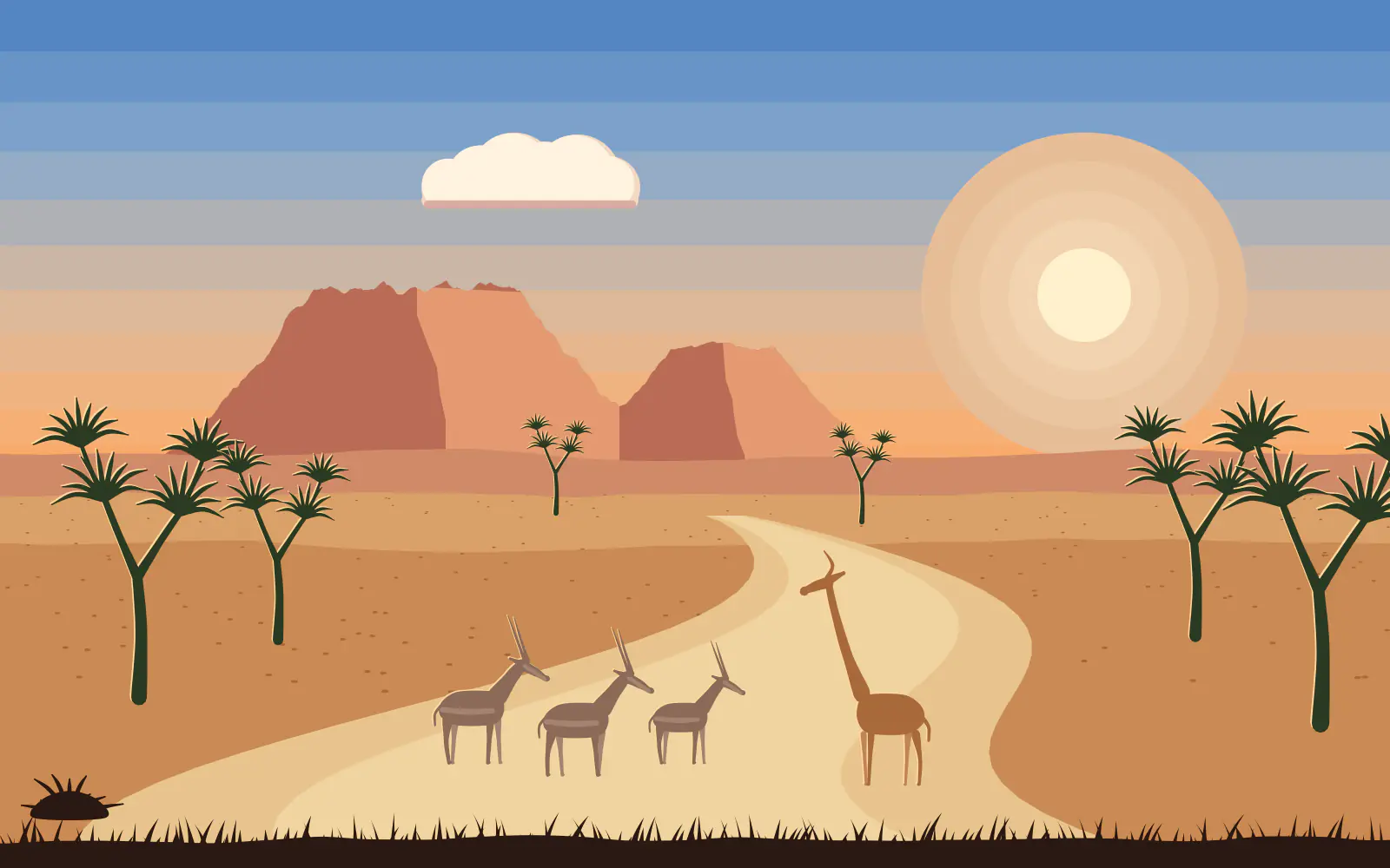 Illustration of a pale dry riverbed in the Samburu country with doum palms, three oryx and a gerenuk, a flat-topped mesa and an orange afternoon sky.