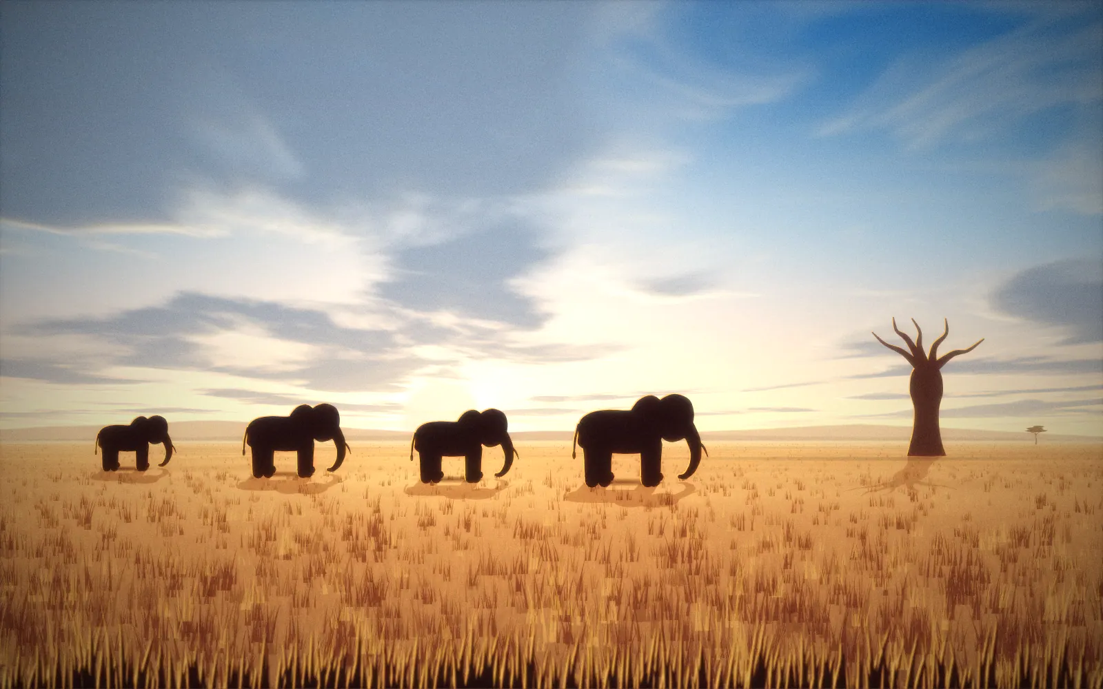 Illustration of a line of red-dusted elephants crossing flat terracotta plains beneath a pale sun, with a large baobab tree silhouetted on the right.
