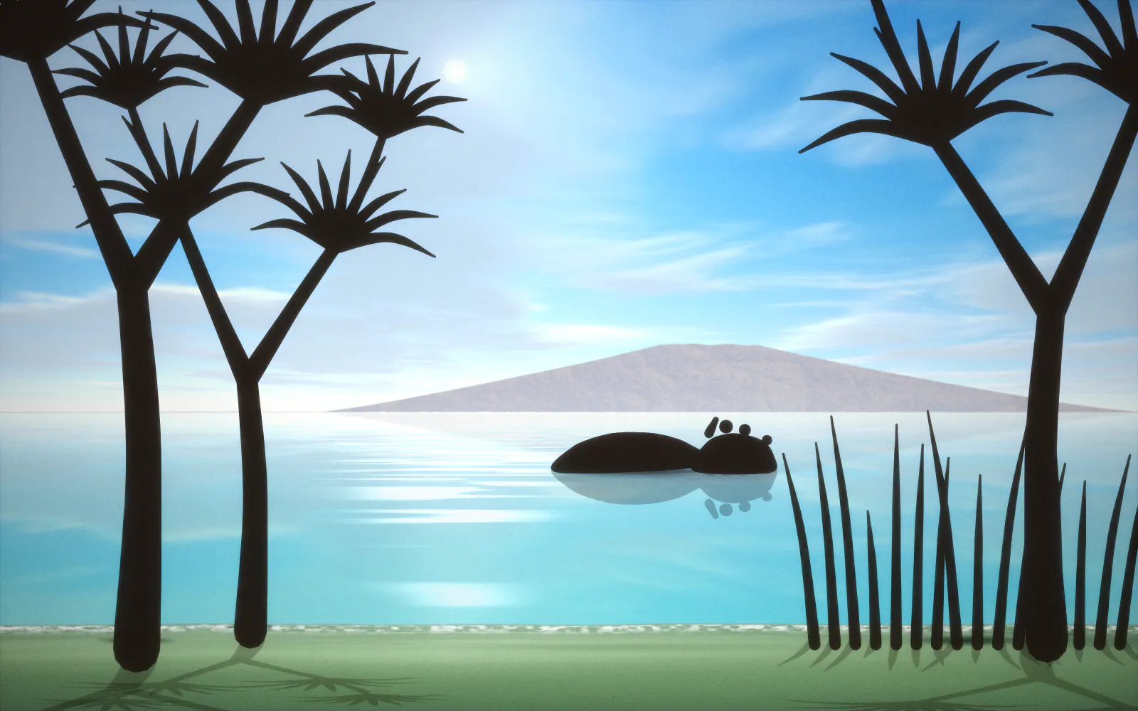 Illustration of green volcanic cones and dark rocky outcrops above a clear turquoise spring pool fringed with doum palms and reeds, a hippo resting in the water.