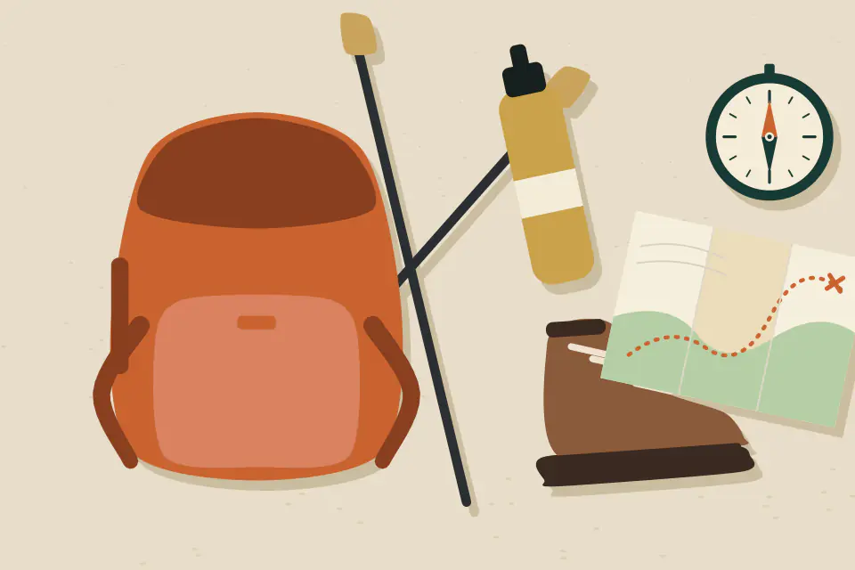 Illustration of an orange backpack, crossed trekking poles, a hiking boot, a thermos bottle, a compass and a folded map laid out flat for a mountain trek.