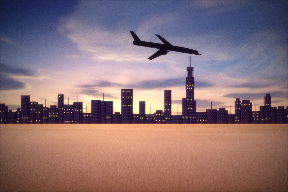 Illustration of a green passport, a boarding pass, a round entry stamp, a small aeroplane and a pen laid out on a sand-coloured table.