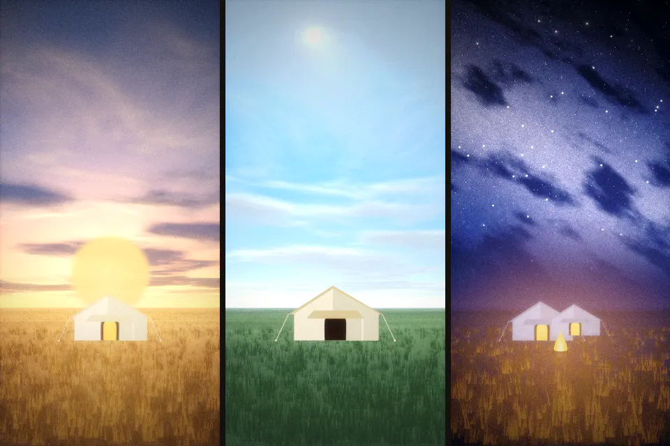 Illustration of three panels: a safari tent glowing at dusk, a thatched-roof lodge in daylight, and two small dome tents with a campfire under the stars.