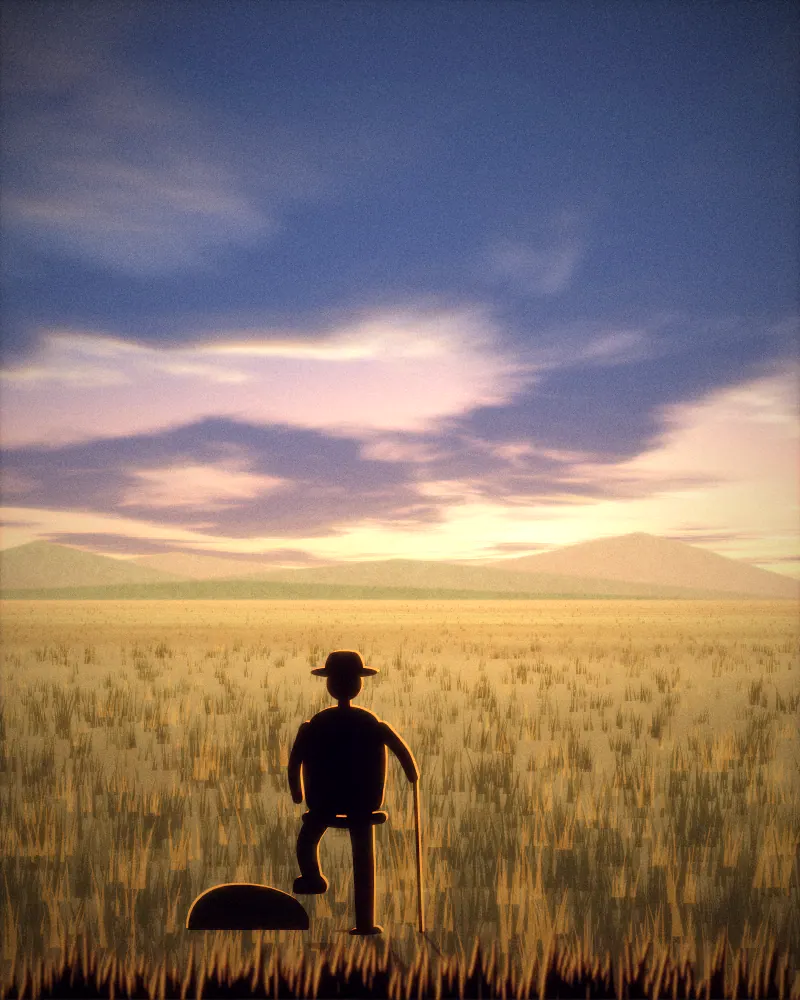 Illustration of a traveller seen from behind with a backpack, hat and walking pole, one foot raised on a rock, looking over layered hills towards a setting sun.