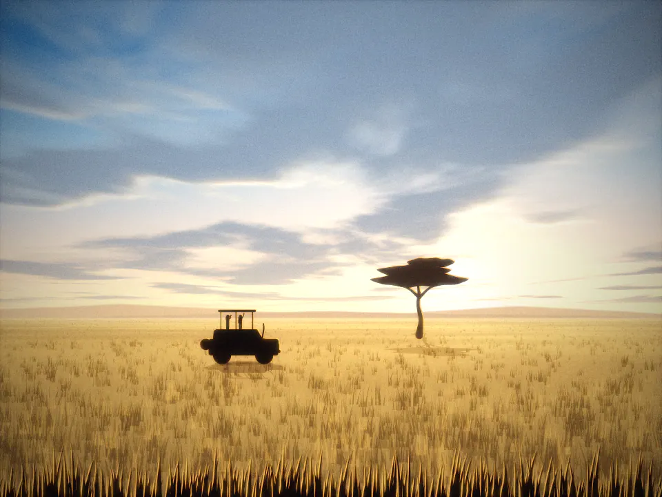 Illustration of a safari vehicle with two passengers in silhouette beside a wide acacia on the plain at golden hour.