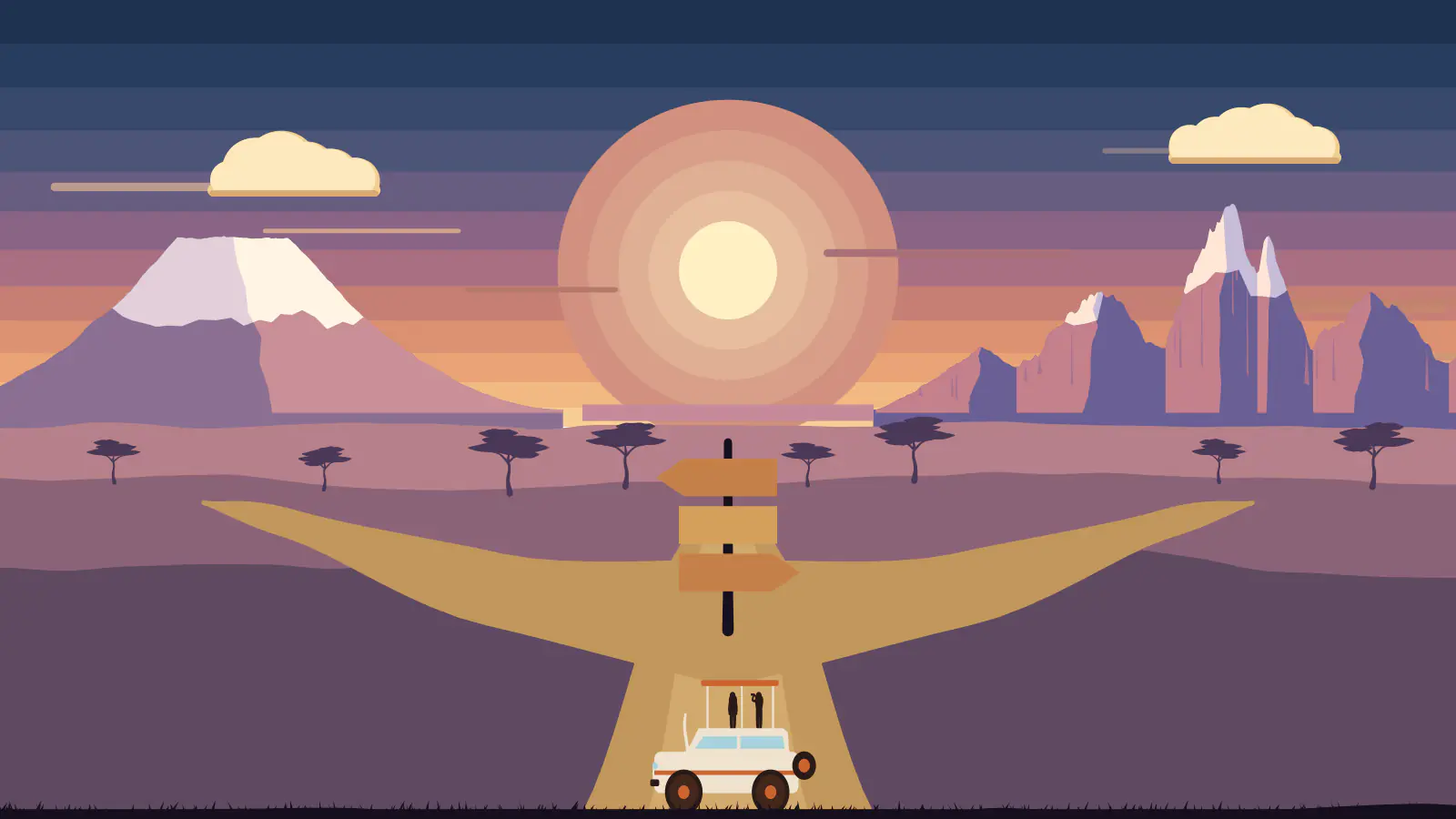 Illustration of a track forking in three directions beneath blank signposts, with Kilimanjaro, a lake and Mount Kenya on the horizon and a small safari vehicle waiting at the junction.