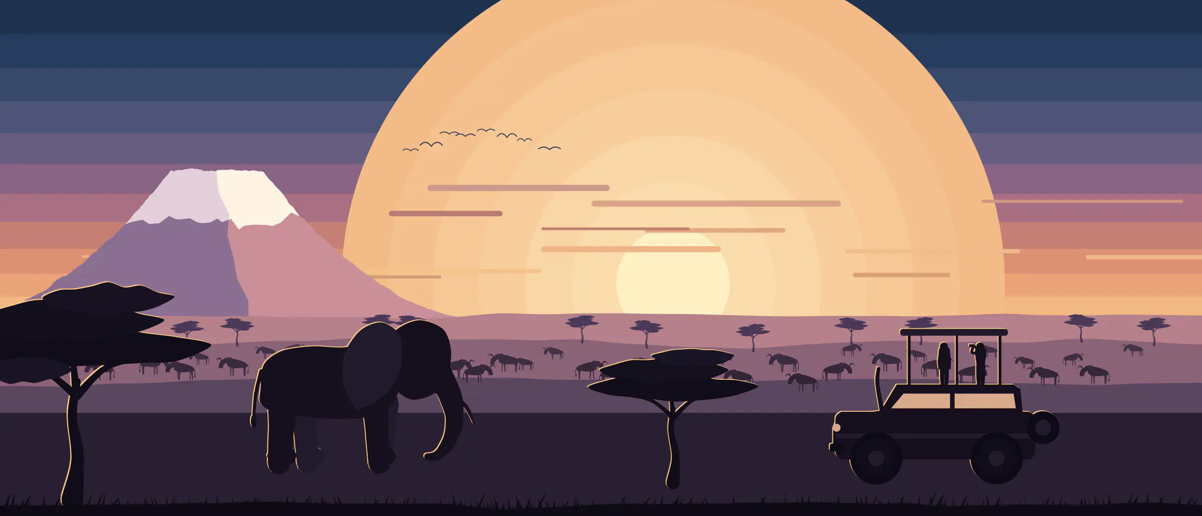 Illustration of a wide golden-hour panorama: Kilimanjaro on the left, a herd of wildebeest along the plain, an elephant, acacias and a safari vehicle in silhouette in front of a large sun.