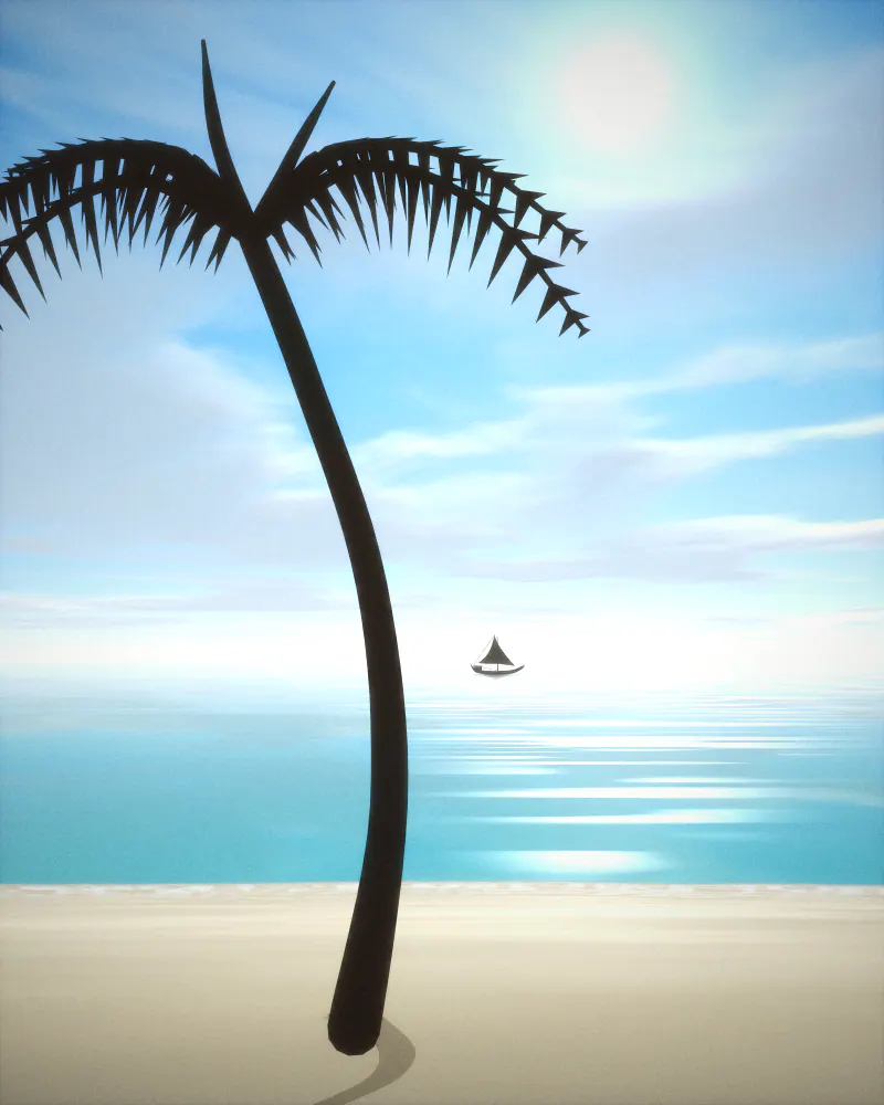 Illustration of a leaning coconut palm over white sand and turquoise water, with a small dhow on the horizon under a bright sun.