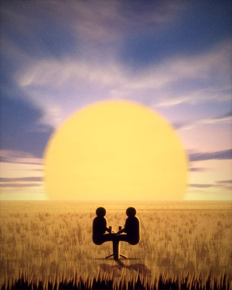 Illustration of two figures seated in camp chairs either side of a small table with glasses, in silhouette against a very large setting sun.
