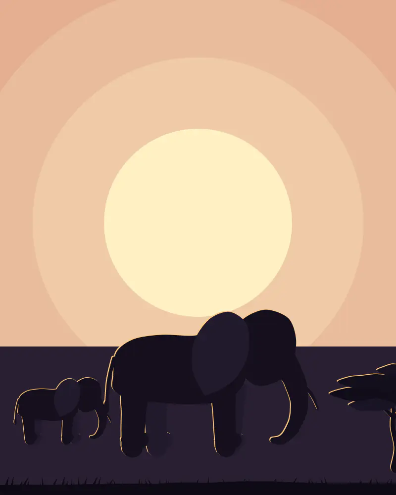 Illustration of two elephants in silhouette in front of an enormous golden sun, with a small acacia on the right.