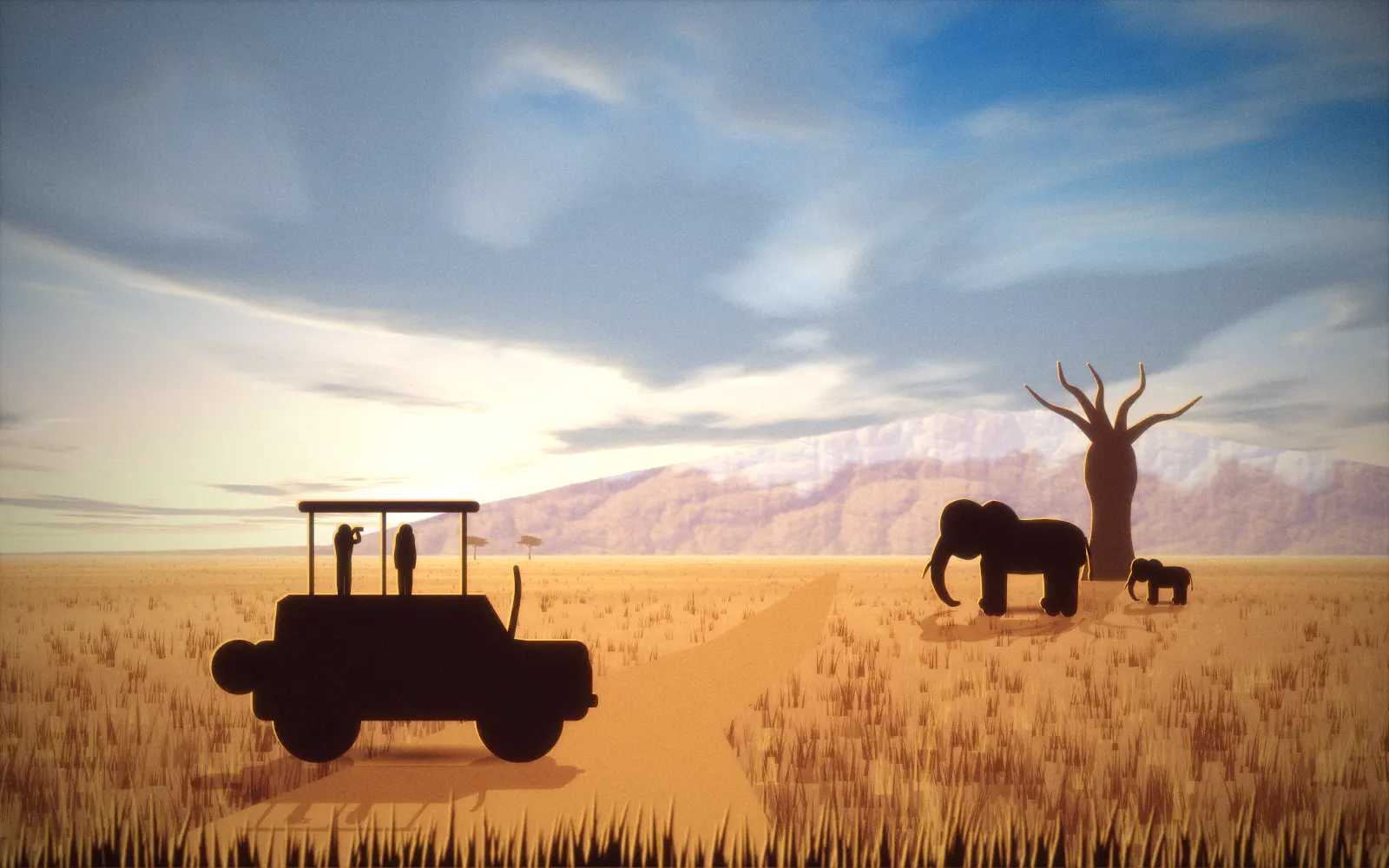 Illustration of a safari vehicle on a winding red dirt road across the plain towards a snow-capped Kilimanjaro, with two red-dusted elephants and a baobab at the roadside.